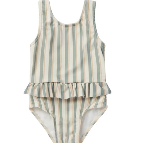 Rylee + Cru Skirted One-Piece - Aqua Stripe - 3-6 Months